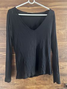 zara ribbed Black Long Sleeve V-Neck Top