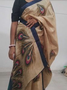 Elegant Beige Peacock Feather Saree