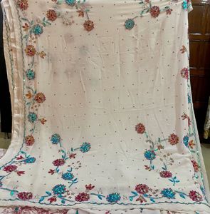 Beautiful White Multi Colour Work Saree