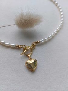 Glass Pearl T-Lock Necklace with Heart Locket