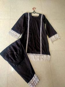 Black White Kurta Set With Chicken Lace