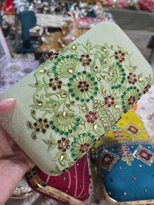 Green Embroidery Hand Clutch With Sling