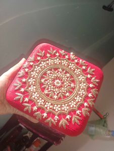 Red And Gold Toned Hand Embroidered Clutch