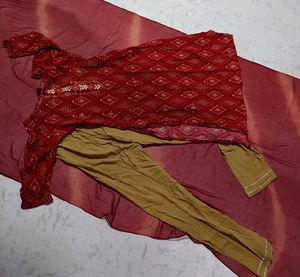 Maroon &amp; Gold Mirror Work Kurta Set