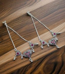 Silver Anklets with Red Stone Heart Charms