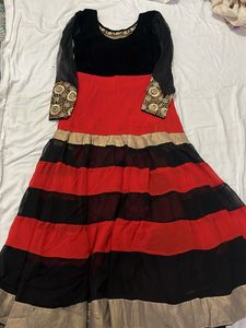 Red &amp; Black Striped Dress with Embroidery