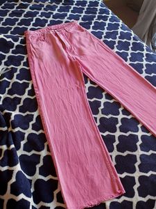 Pink Frayed Hem Wide Leg Jeans