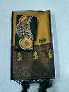 Green &amp; Gold Sari with Embellished Blouse Piece