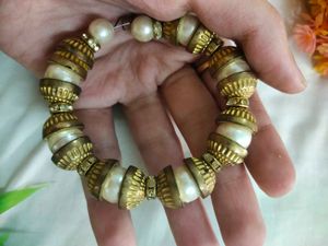 Golden And Big White Bead Bracelet