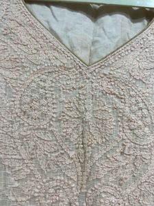 Peach Kota Checks Chikankari Embroidered Kurta