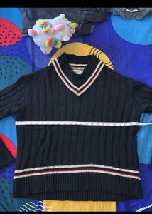 Striped Trim Black Knit Sweater