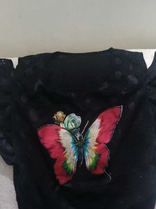 Butterfly Print Black Top