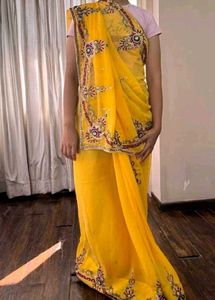 Mustard Yellow Embroidered Saree With Blouse