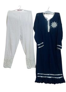 Elegant Navy & Of White Embroidered Pant Suit