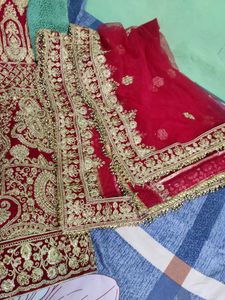 Fish Cut Bridal Red Velvet Lahenga