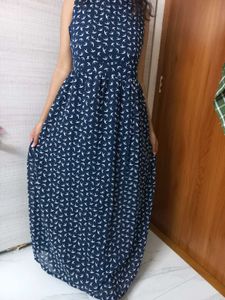 Navy Bird Print Maxi Dress With Full Length Lining