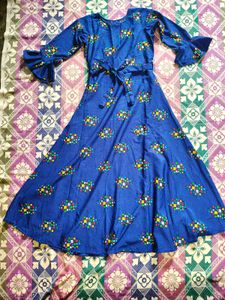 Blue Printed Midi Dress with Belt