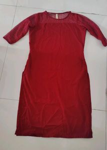 Red Plain Kurta with Net Neck line