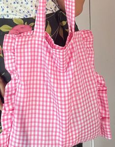 Sale🔥Pink Gingham Ruffle Tote Bag