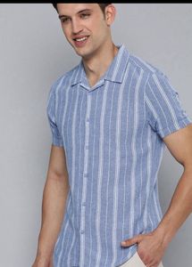 HERE&NOW Men Slim Fit Opaque StripedCubanCollar C