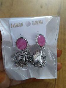 Pink Stone Oxidized Silver Jhumka Earrings