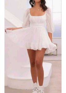 White Mini Dress - Puff Sleeves &amp; Back Bow Detail