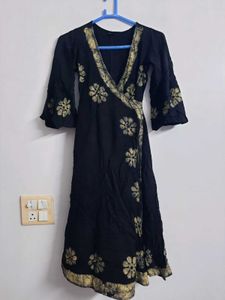 Black Floral Wrap Dress with Yellow Flowers Accent
