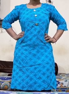 Blue Checkered Kurti with Buttons