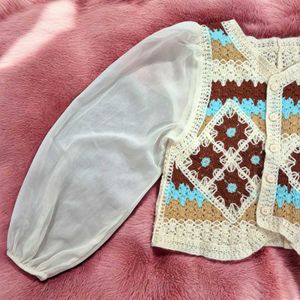 Unique Boho Crochet &amp; Chiffon Sleeve Top
