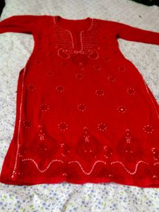 Red  Chikenkari Kurtawith New Saree Free