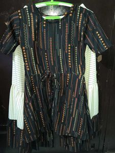 Tiered Black & Cream Dress Kurta 2 Piece Set