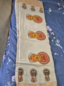 Kerala Kasavu Saree with Kathakali Print