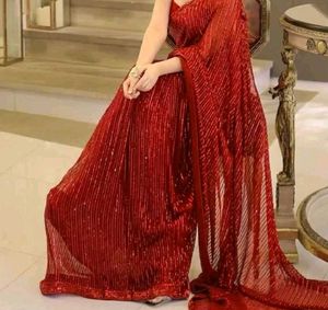 Premium Red Sequin Saree+Stiched Blouse+Peticot