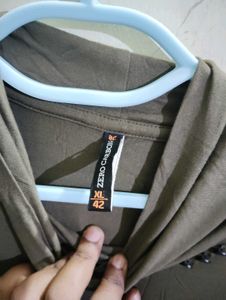 Olive Green Turtleneck Tee with Button Detail