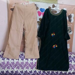 Green 💚 Beautiful Design Kurta With Cream Pant