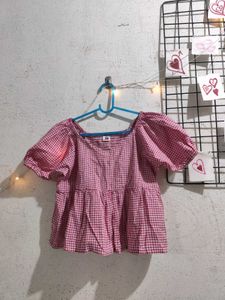Pink Gingham Puff Sleeve Top
