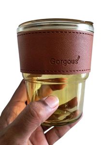 Stylish 400ml Glass Mug with Straw - Brown Sleeve