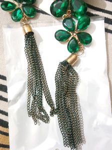 Long Green Stone Earrings With Nail polish