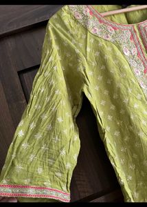 Lime green Silk Yoke embroidered kurta