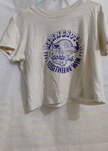 White Crop Top With Blue Print At Centre