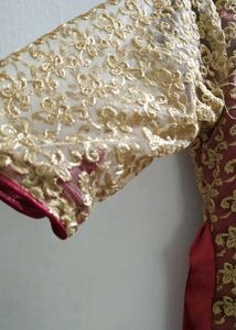 Maroon Satine Long Gown With Golden Net.