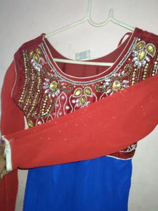 Elegant Blue &amp; Red Anarkali Dress