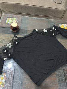 Elegant Black Top With Floral Embroidery Wit Net