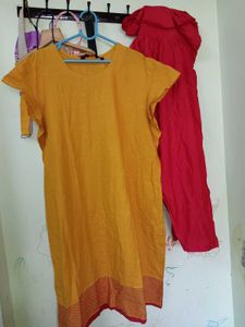 Yellow Kurti with Red Pants Set