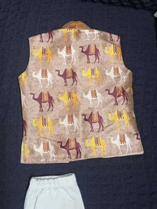 Boys Yellow Kurta with Camel Print Waistcoat
