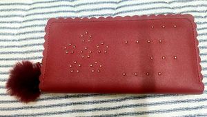 Red Studded Wallet with Pom-Pom