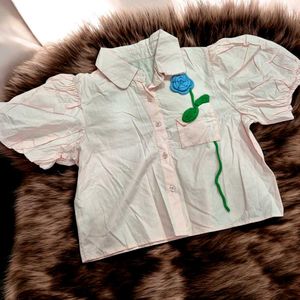 Stylish Pink Button-Up Shirt with Floral Applique