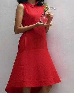 Solid Collar Neck Polyester Women Flared Dress