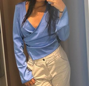 Blue Satin Wrap Top