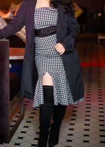 Checkered Cut Sleeves Midi Winter Dress